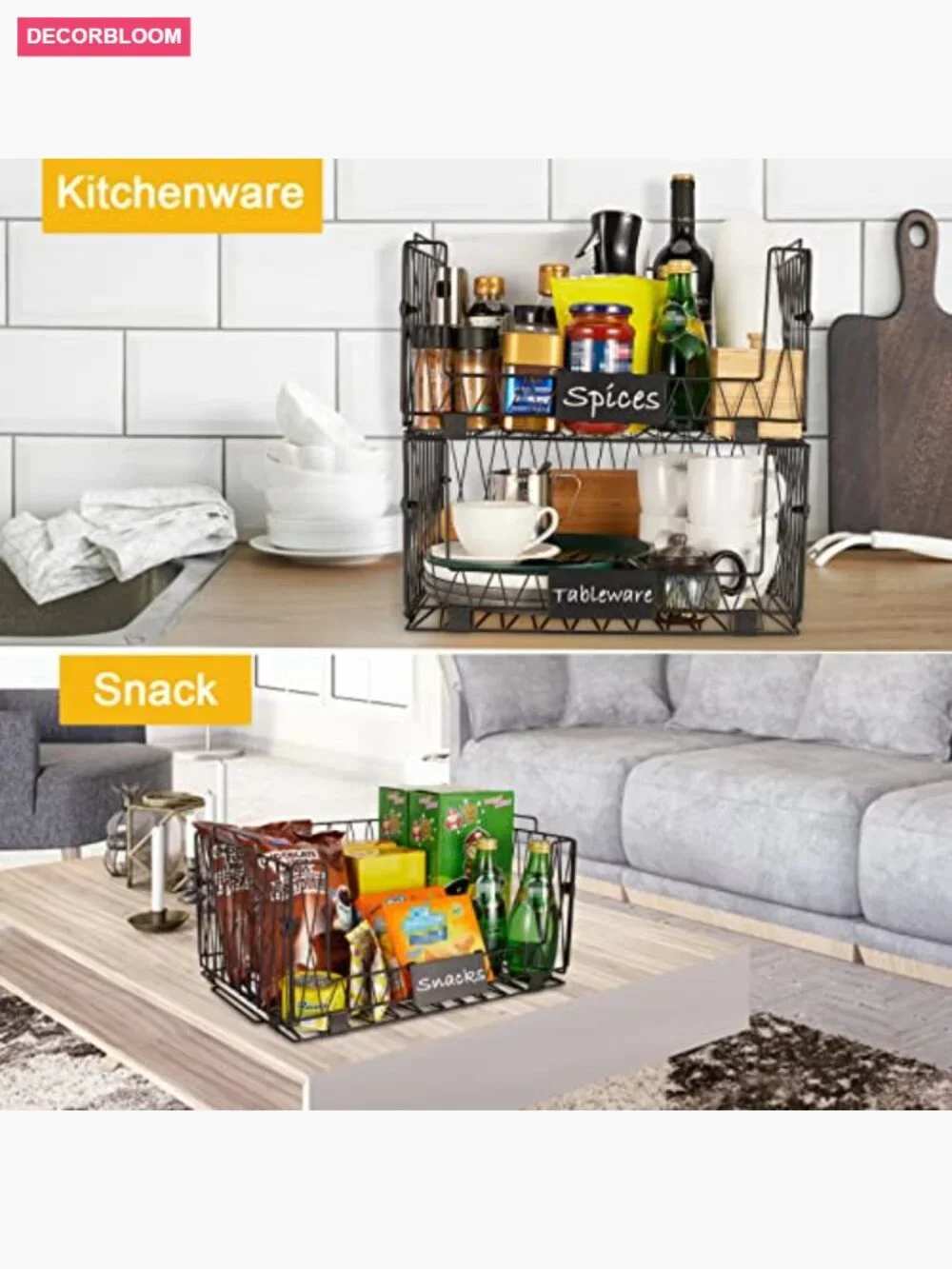 2 Pack Stackable Wire Storage Baskets for Kitchen Cabinet Pantry Organization